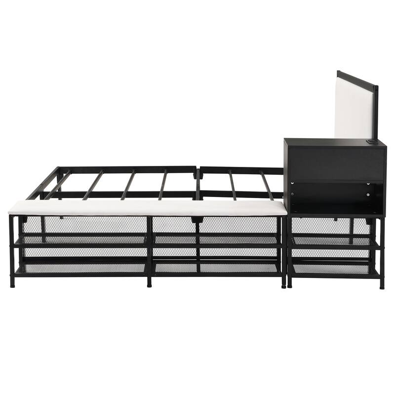 Metal Platform Bed with Two-Tier Storage Shelves, Wooden Storage Cabinet