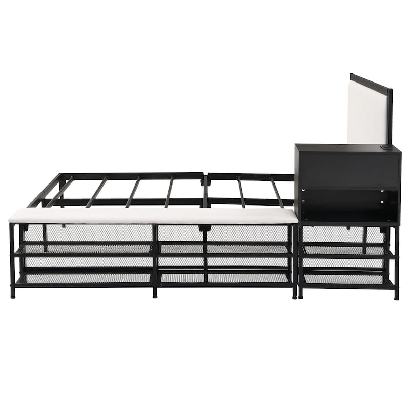 Platform Bed with 2-Tier Storage Shelves & Wooden Storage Cabinet, Metal Bed Frame w/Upholstered Headboard & USB Ports