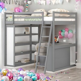 Multi-Functional Full Size Loft Bed with Ladder, Shelves and Desk, Space-saving, Health and Comfort, Sturdy Construction, Grey