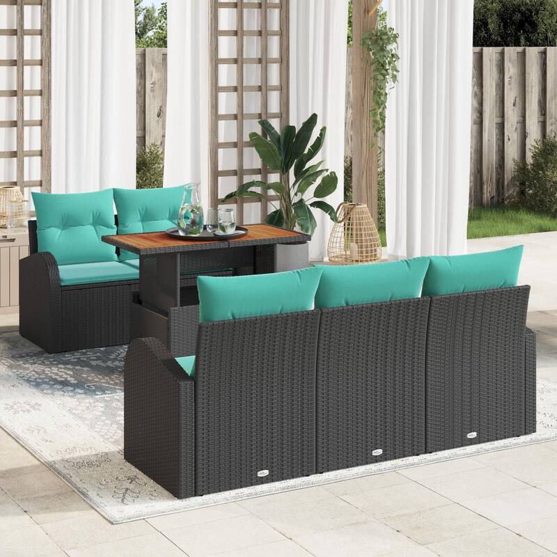 vidaXL 6 Piece Garden Sofa Set with Cushions Black Poly Rattan - 70.5×24.4×27.2
