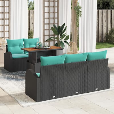 vidaXL 6 Piece Garden Sofa Set with Cushions Black Poly Rattan - 70.5×24.4×27.2