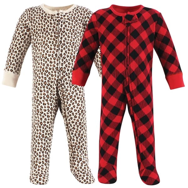 slide 1 of 1, Hudson Baby Girls Thermal Zipper Sleep and Play 2pk, Buffalo Plaid Leopard 0-3 Months - Buffalo Plaid Leopard