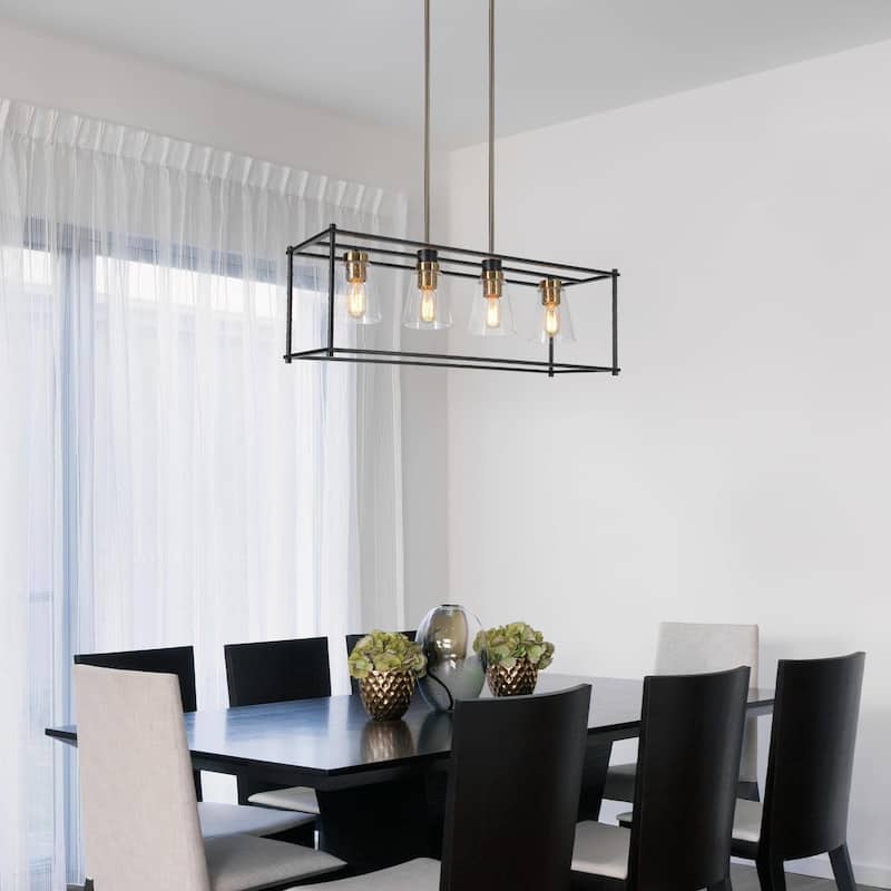 Torin Modern Farmhouse 4-Light Black Gold Rectangle Chandelier Glass Island Pendant Lights for Dining Room