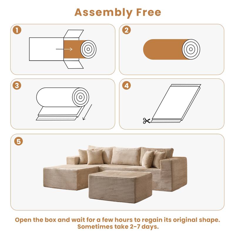 HOOOWOOO Modern Plush Corduroy L-shaped Sofa Chaise Lounge with Ottoman