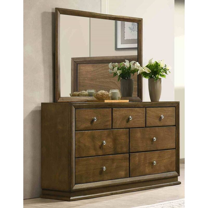 Transitional Walnut Finish 4 Piece Bedroom Furniture Set Bed Dresser Mirror Nightstand