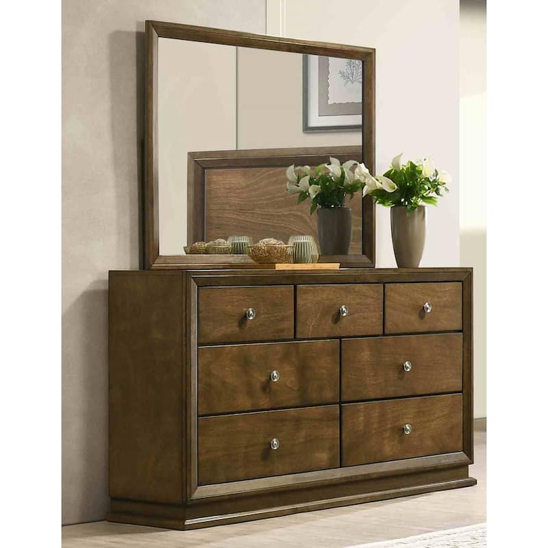Walnut Finish Transitional Bedroom Furniture Set Bed Nightstand Dresser Mirror Chest