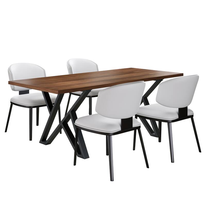 5-Piece Dining Table Set with Faux Leather Chairs and Metal Base, Feet with Anti-scratch and Anti-noise Pads - Black White,Walnut