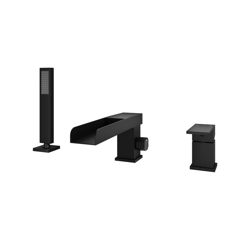Bathtub Filler Faucet with Sprayer, Double-Handle Deck-Mount Roman Tub Faucet with Handshower, Pressure Balanced Valve Included - Matte Black