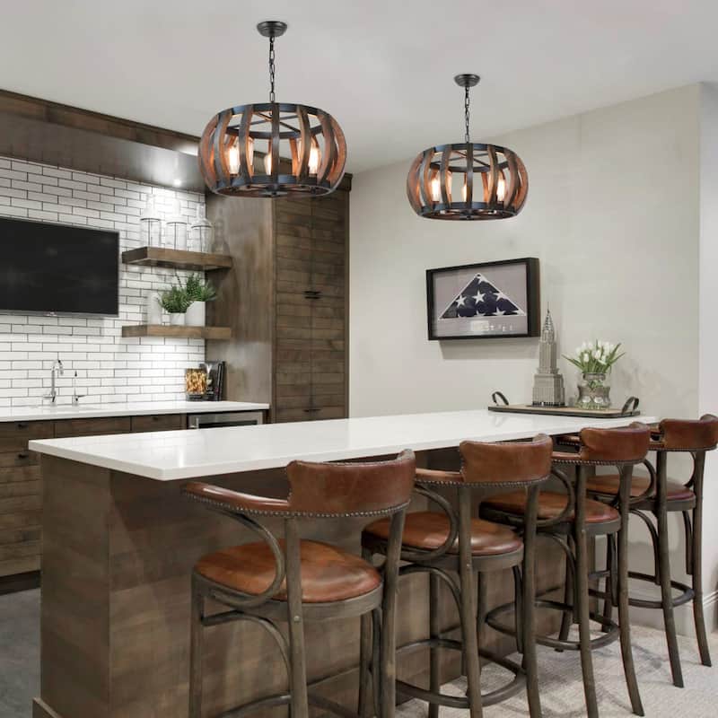 Anmytek 5-Light Modern Farmhouse Wood Chandeliers Drum Pendant Lights for Dining Room - 22" D x 11" H