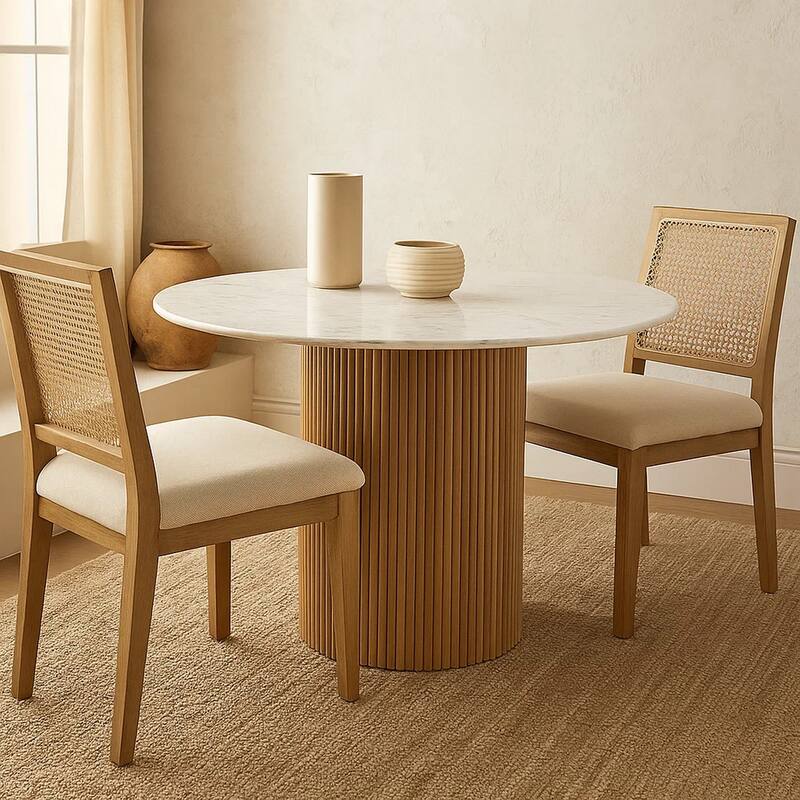 Cid Jolie Dining Table, Fluted Brown Wood, Round Carrara Marble Top, 47 Inch - Brown, White