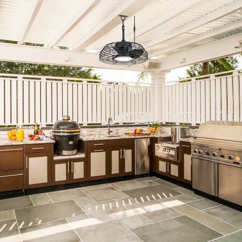 19" Industrial Black Indoor/Outdoor Chandelier Caged Ceiling Fan with Light and Remote