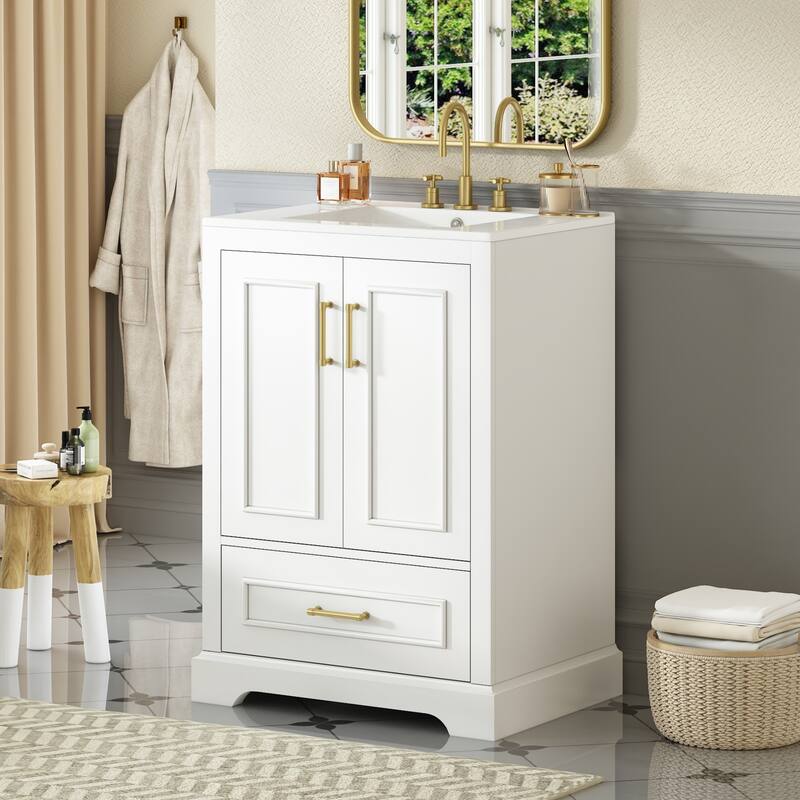 Bathroom Vanity with Ceramic Sink, Freestanding Bathroom Cabinet with Double Shelf, 1 Divided Drawer & 2 Soft Close Doors - White