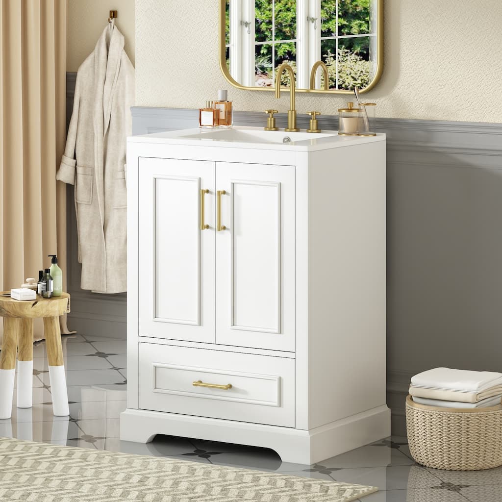 Bathroom Vanity with Ceramic Sink, Freestanding Bathroom Cabinet with Double Shelf, 1 Divided Drawer & 2 Soft Close Doors