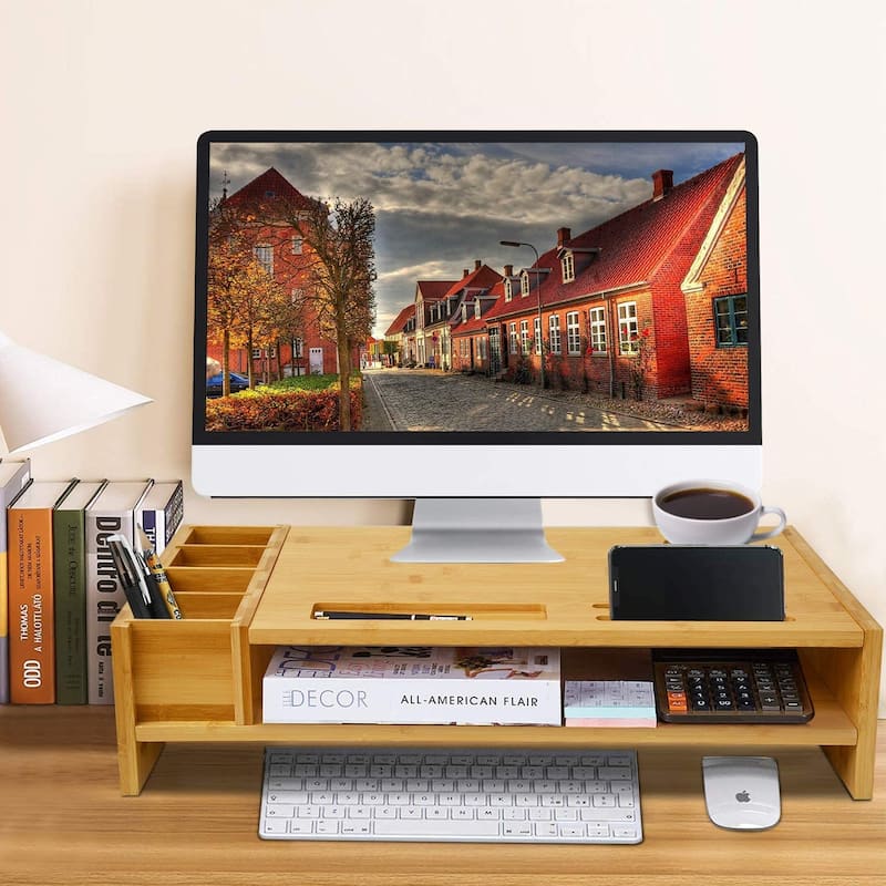Wood Computer Monitor Stand Desktop Organizer with Drawer