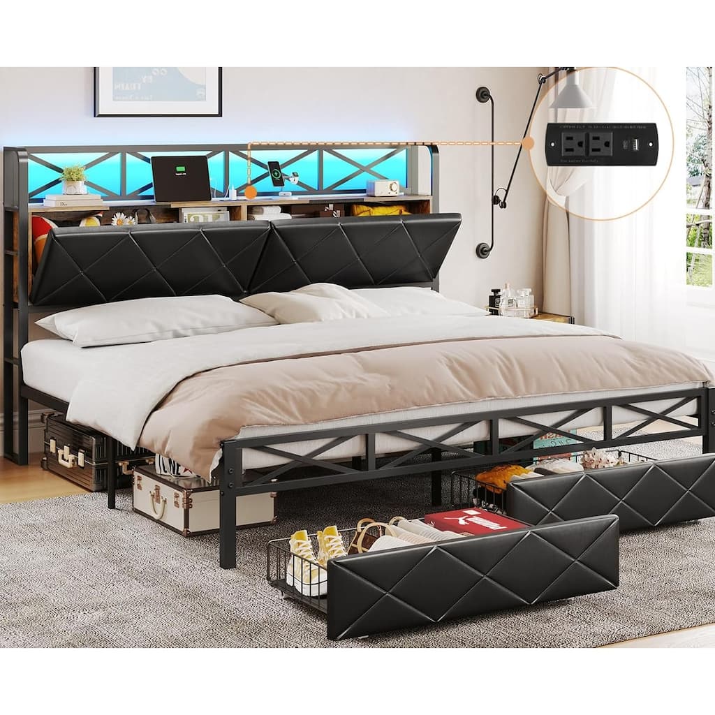Bed Frame Storage Headboard 2 Drawers Hidden Storage Upholstered Bed