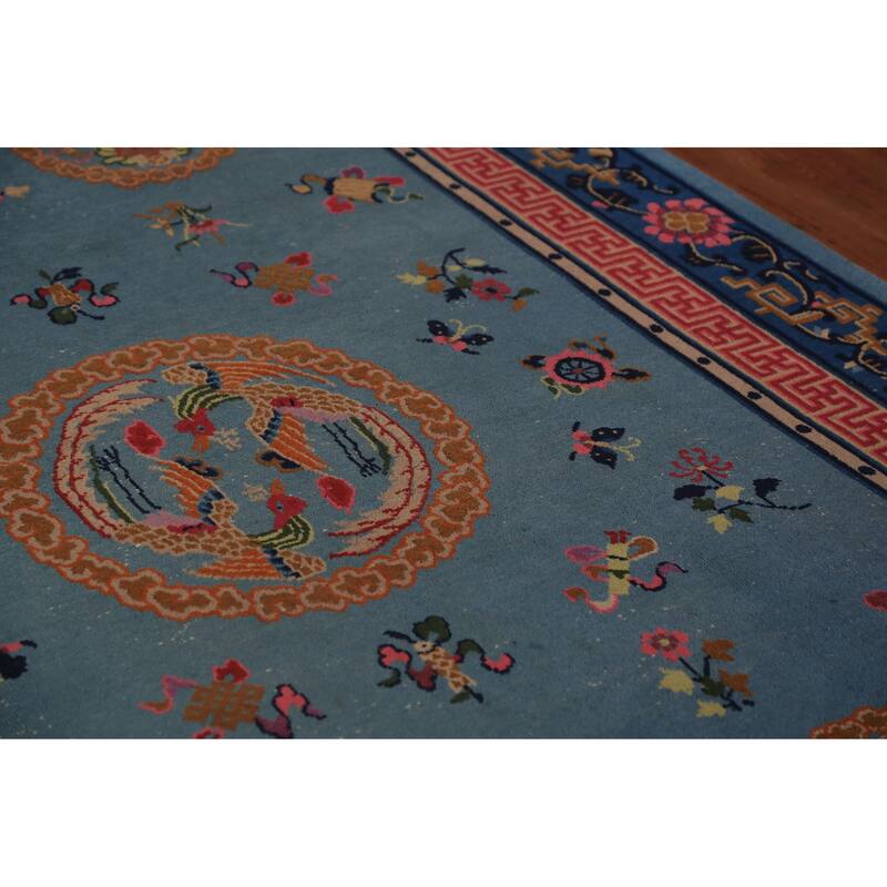Vegetable Dye Blue Art Deco Chinese Vintage Handmade Wool Carpet - 6'5" x 9'7"