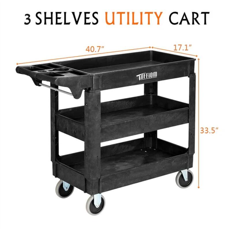 3 Tier Small 550lbs Capacity Shelf Plastic Utility Cart with Wheels Black - 40.7"D x 17.1"W x 33.5"H
