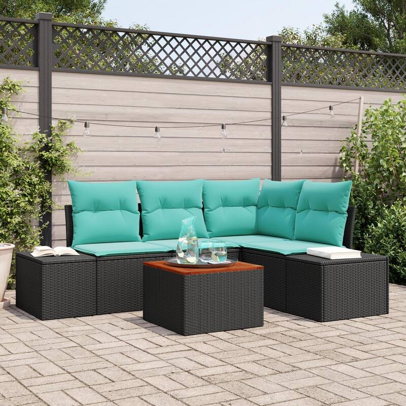 vidaXL 5 Garden Sofa Set with Cushions Black/Grey Poly Rattan - 82.3 x 60.6 x 27.2 - Black