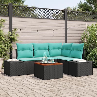 vidaXL 5 Piece Garden Sofa Set with Cushions Black Poly Rattan Acacia - 82.3×60.6×27.2