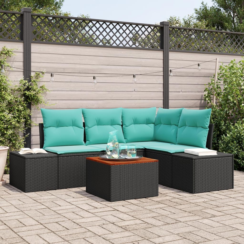 vidaXL 5 Piece Garden Sofa Set with Cushions Black Poly Rattan Acacia - 82.3×60.6×27.2