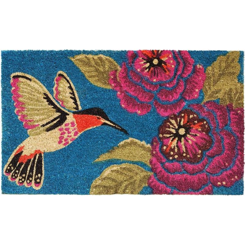 HomeRoots 24" X 36" Blue And Rose Floral And Hummingbird Outdoor Coir Door Mat - 24.00' X '36.00