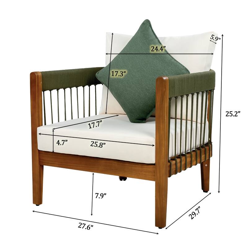 Acacia Wood Outdoor Club Chair with Handwoven Rope Accents & Curved Backrest, Water-Resistant Boho Patio Lounge Chair