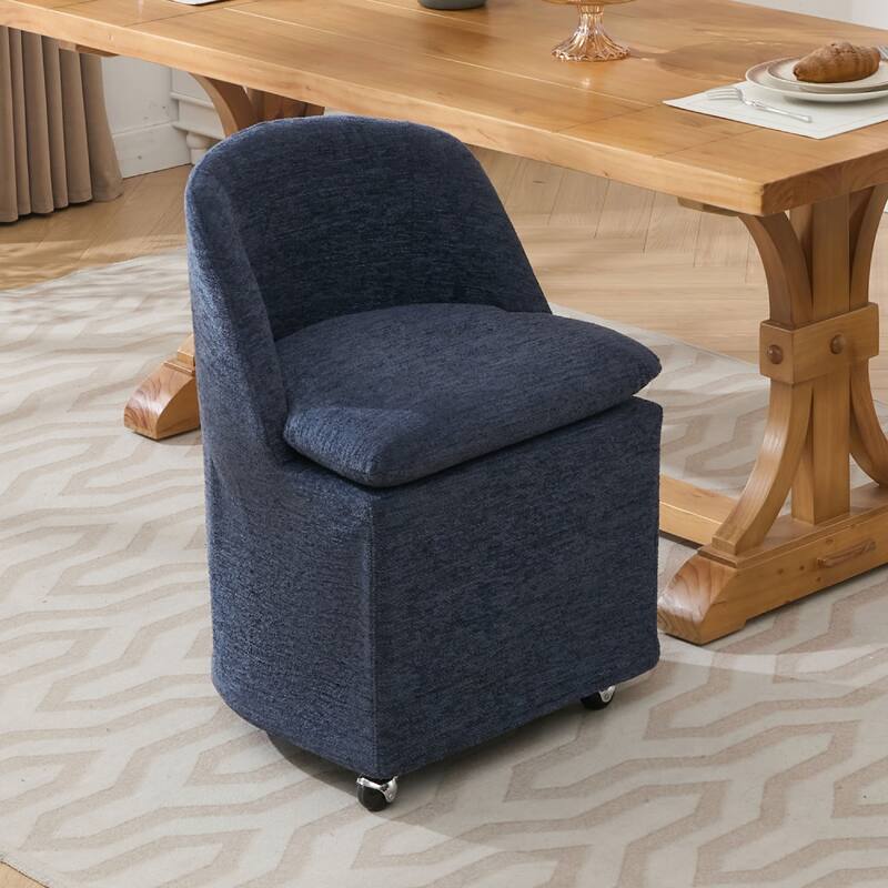 2PCS Soft Chenille Upholstered Dining Chairs, 360° Revolving with Wheels, Modern Design - Blue