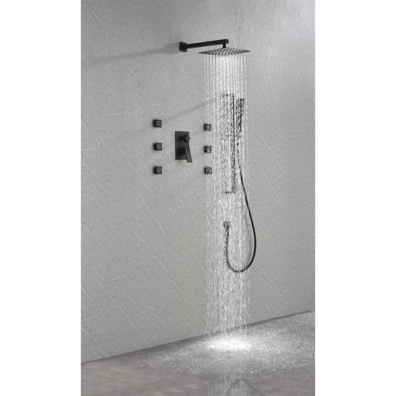 Wall mounted shower system with 6 body sprays and hand shower