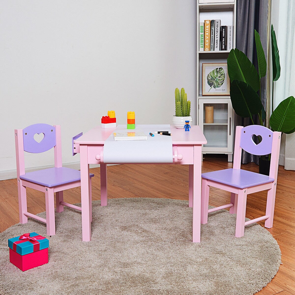 Shop Costway Kids Art Table And 2 Chairs Set With Paper Roll Rack