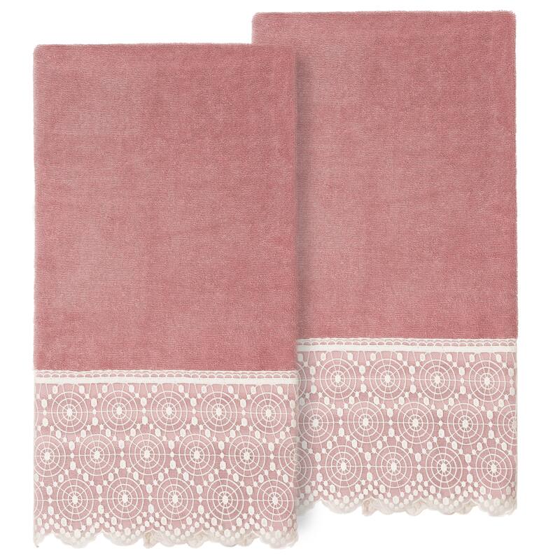 Authentic Hotel and Spa Turkish Cotton Arian 2PC Cream Lace Embellished Bath Towel Set - Tea Rose