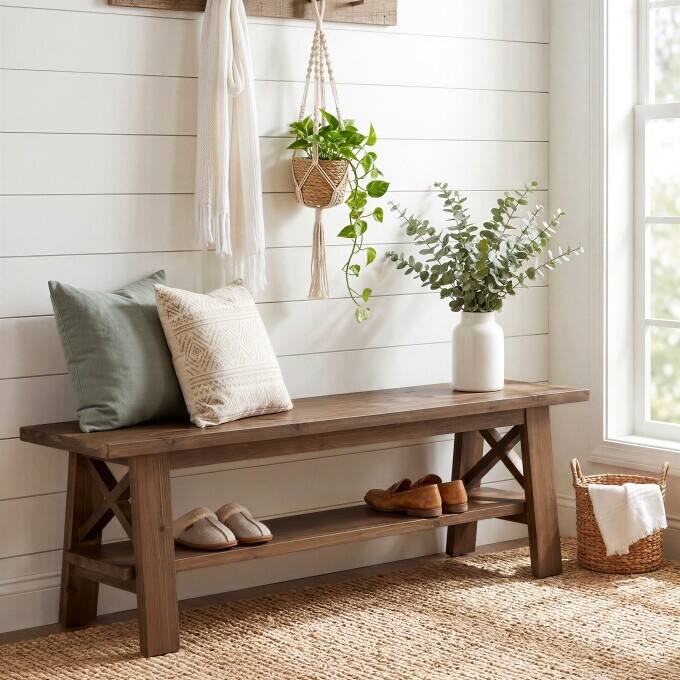 55" Solid Wood Entryway Shoe Bench, End of Bed Bench with Storage - Brown