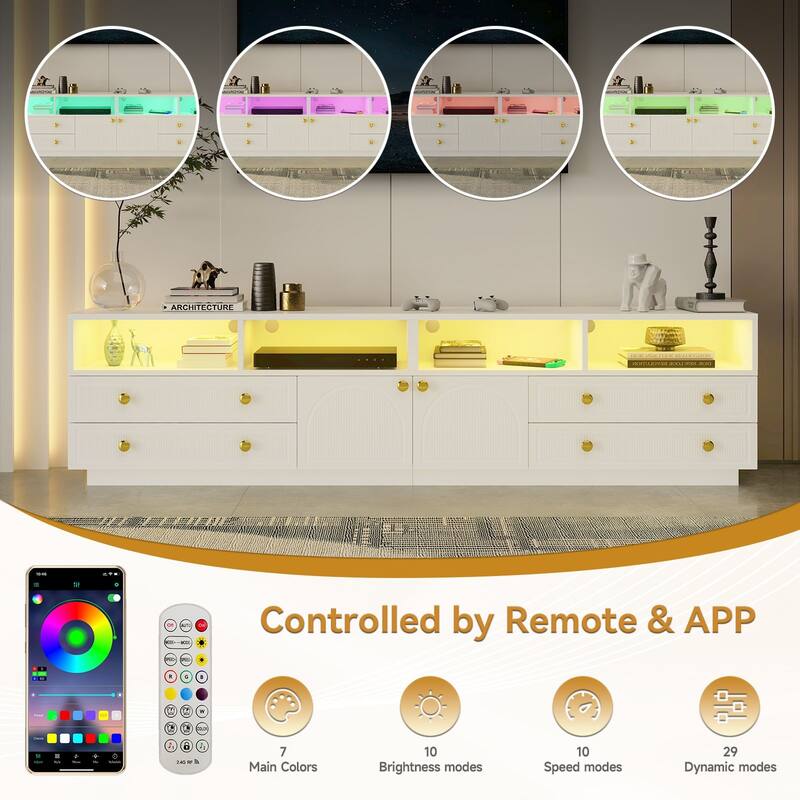 Gymojoy 86.6" LED TV Stand for 85-100 Inch TV, Modern Fluted Entertainment Center, 8 Drawers & Cabinet, Smart TV Console.