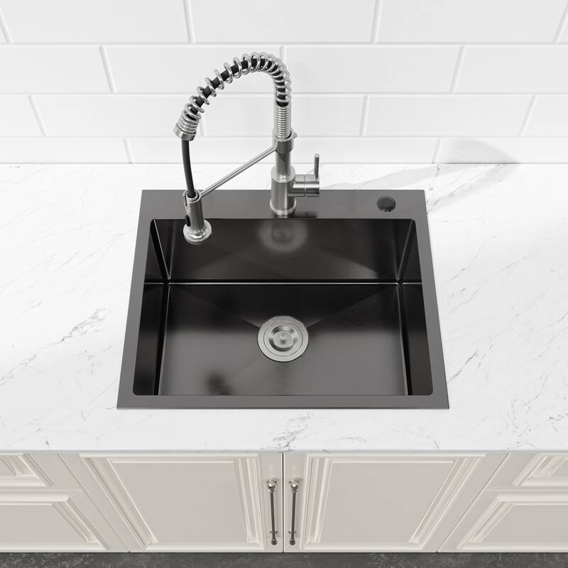 Cozy Stainless Steel Black Satin Countertop Kitchen Sink Rectangular 23x19x10 Lift-and-Turn Drain Modern Design - 23”x19”x10”