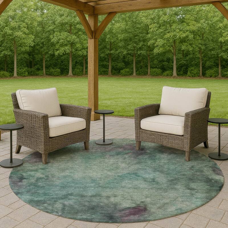 Machine Washable Indoor/ Outdoor Abstract Contemporary Chantille Rug - Teal - 8' x 8'