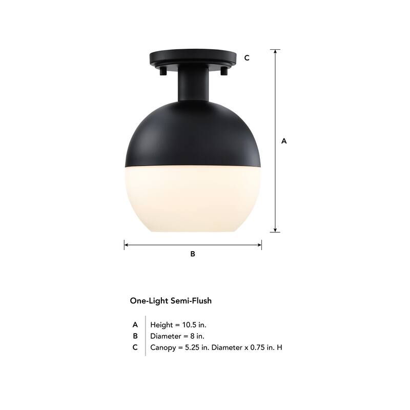 Linden 8 in. 1-Light Matte Black Mid-Century Modern Semi Flush Mount with Etched Opal Glass Shade for Bedrooms - 10.5