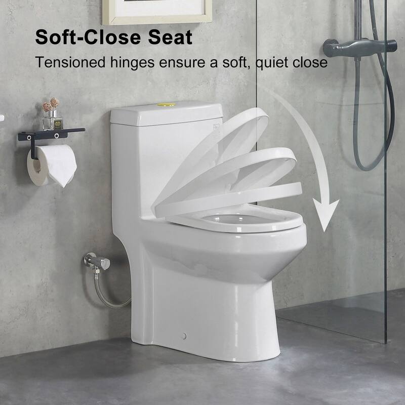 HOROW 1 Piece High Efficiency Dual Flush Toilet White 0.8 1.28 GPF Seat Included Brushed Gold Button - N/A