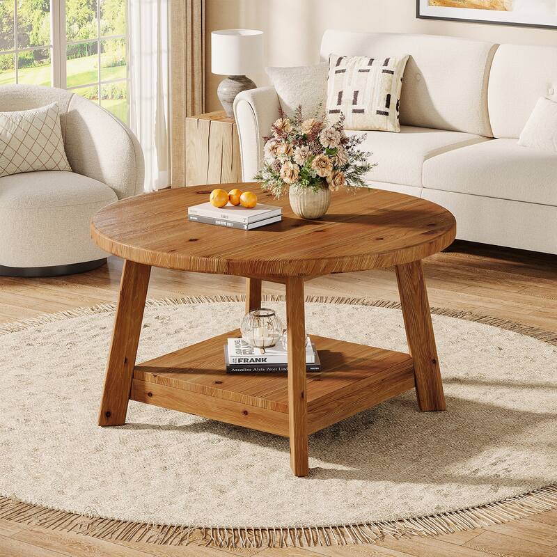 31.5 Inch Solid Wood Round Coffee Table with Storage