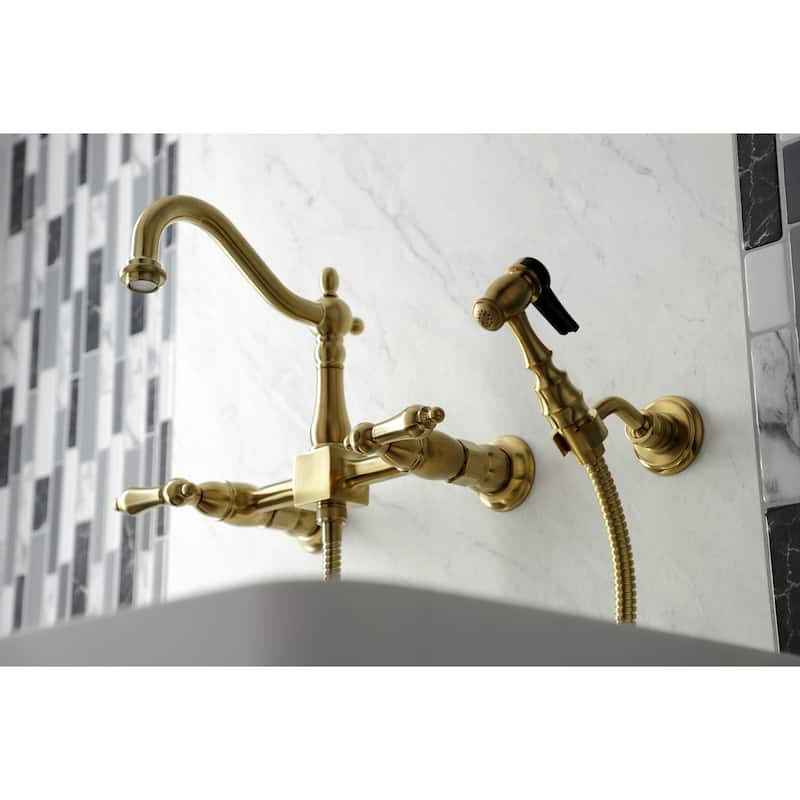 Kingston Brass Heritage Wall Mount Bridge Kitchen Faucet with Brass Sprayer