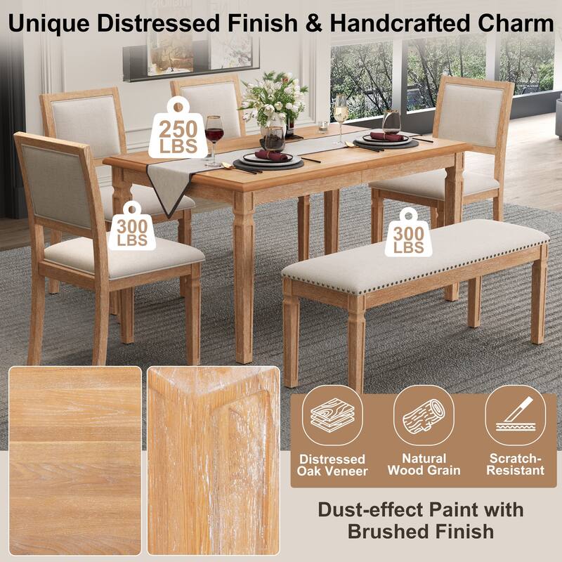 6 Piece Dining Table Set Extension from 59 to 72-Inches, Wood Kitchen Dining Table Set with 4 Upholstered Chairs & Bench