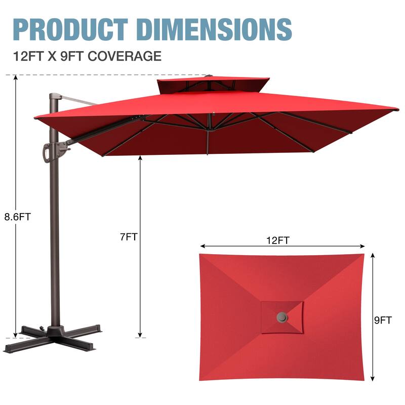 VredHom 9 x 12 FT Outdoor Patio Double Top Rectangular Cantilever Umbrella