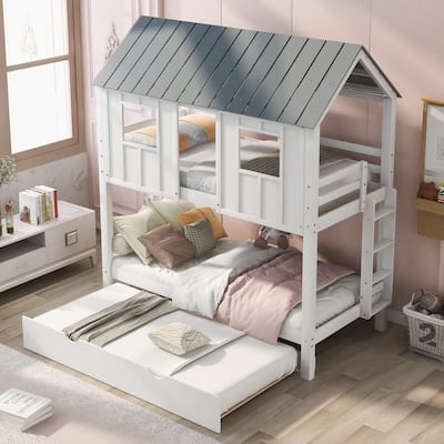 Modern Pine Wood +MDF House Bunk Bed with Trundle,Roof and Windows