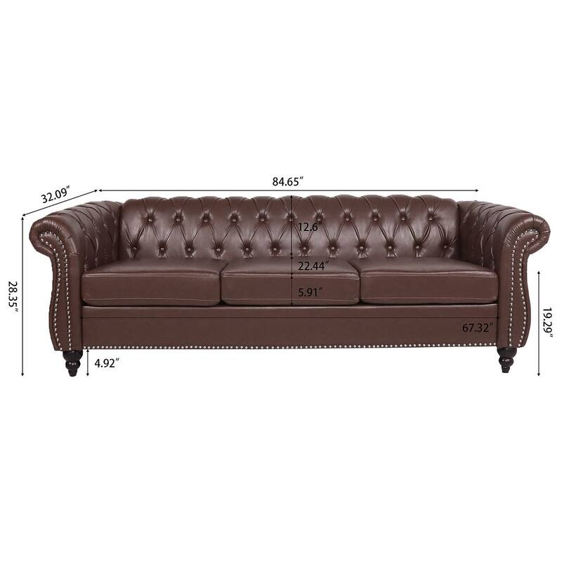 84.65" Chesterfield Tufted Faux Leather Sofa with Rolled Arms