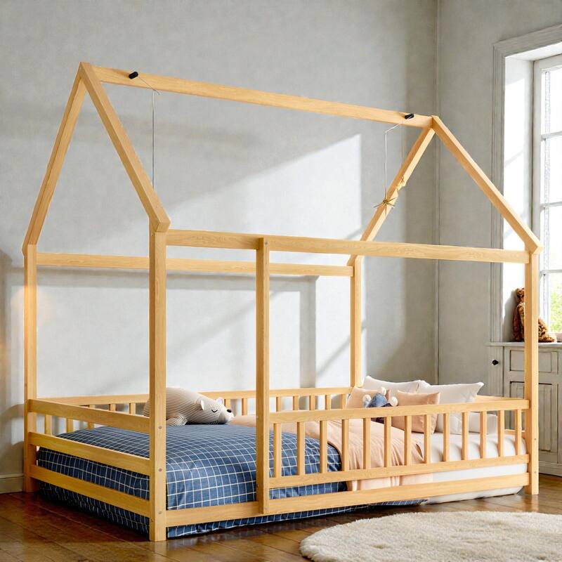 Wooden House Frame Floor Bed with Roof, Fence Guardrails, Pine Wood Kids Platform Bed for Bedroom