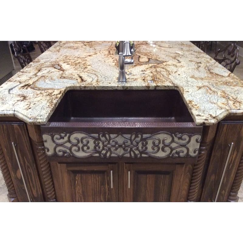 33-in Hammered Copper Apron Front Single Basin Kitchen Sink w/ Scroll Design and Nickel Background (KASDB33229S-NB)