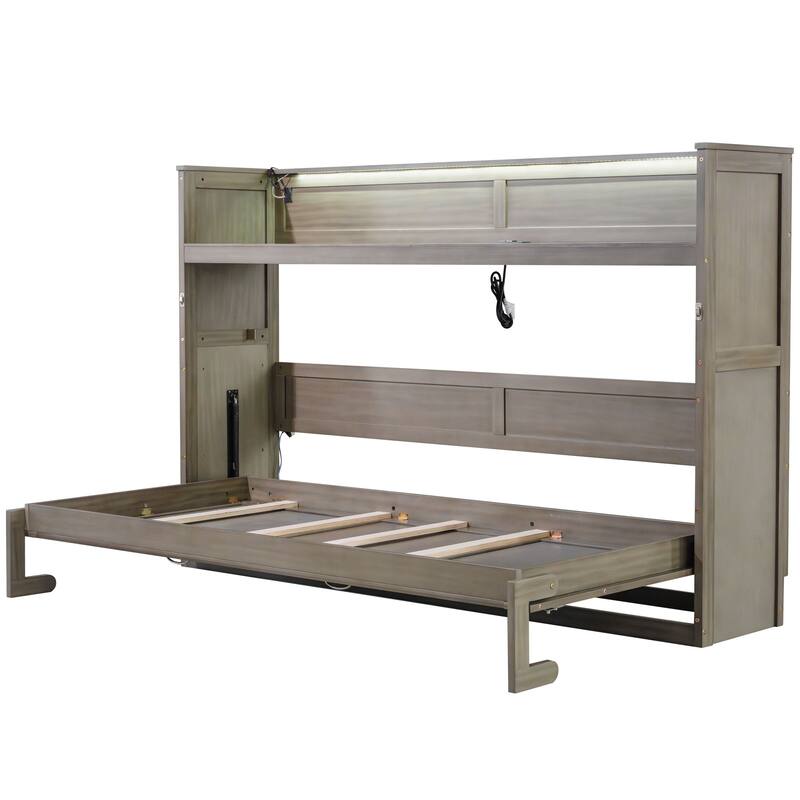 GDFStudio - Solid Wood Twin XL Murphy Bed with Desk, LED Light, USB Charging and Storage