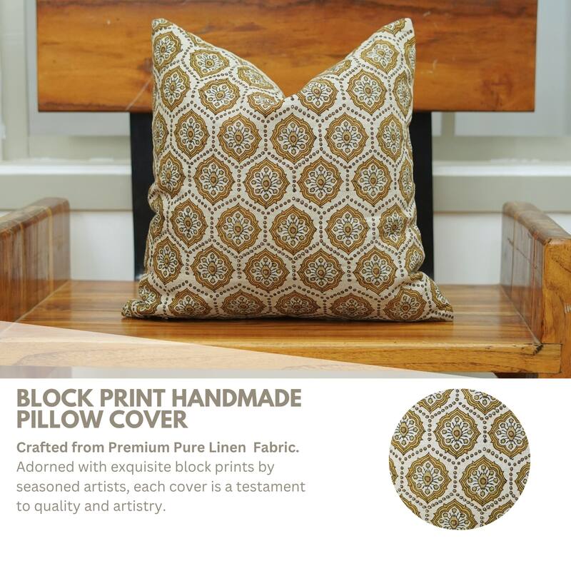 Fabdivine 26x26 Inch Soft Pure Linen Cushion Cover Floral Block Print Pillowcase for Sustainable Home Living & Décor, Charkha