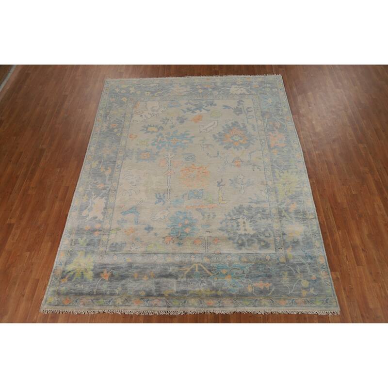 Oriental Beige Oushak Indian Area Rug Hand-Knotted Wool Carpet - 7'10" x 10'2"