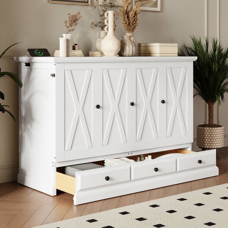 Queen Size Solid Pine Murphy Bed with Charging Station & Storage Drawer