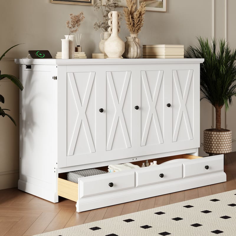 White Full Size Solid Pine Murphy Bed with Charging Station and Large Storage Drawer for Home Office or Small Room