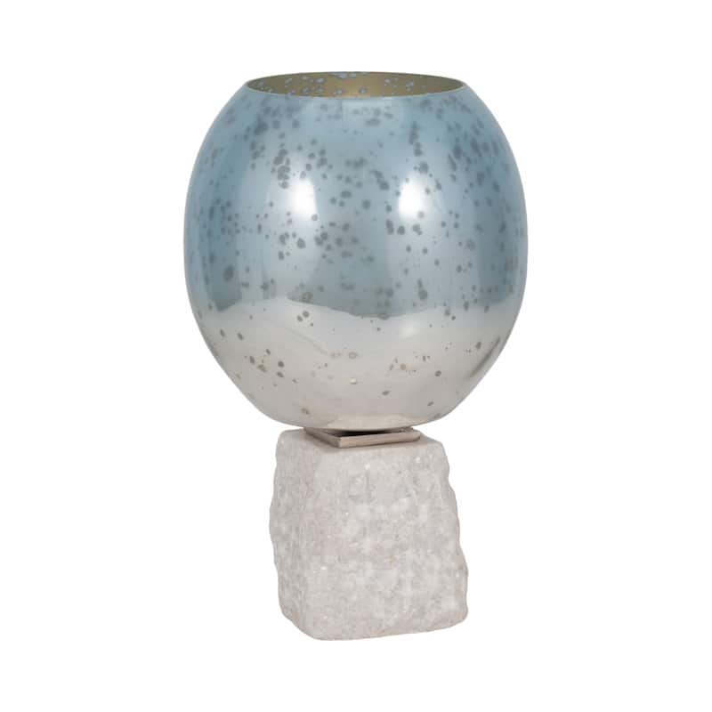 Sagebrook Home Glass Aqua/White Round Bowl Pillar Holder w/Marble Base